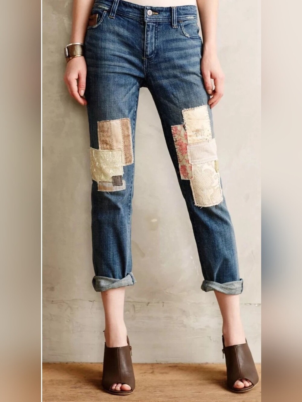 Anthropologie Pilcro Hyphen patchwork Ankle jeans Boho Boyfriend 29